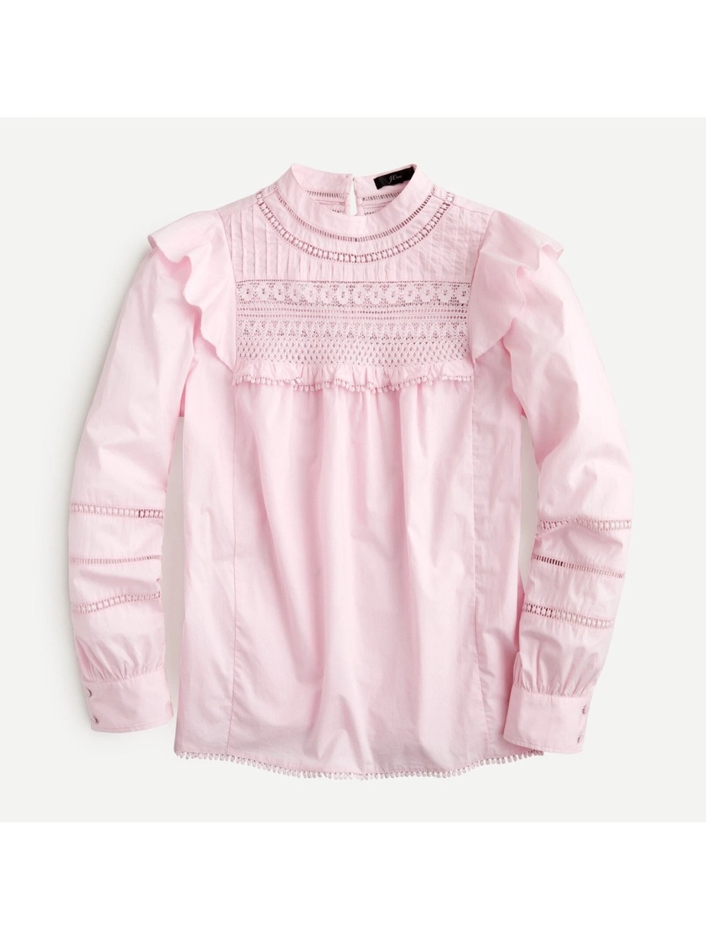 J. Crew Pink Long Sleeve Lace-Trim Ruffle Yoke Blouse - size Small